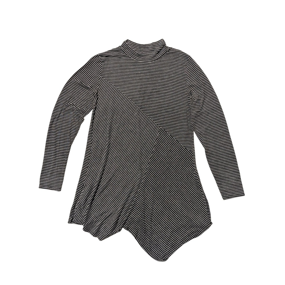 Daytrip Top Womens Medium Black Grey Striped Mock Neck Tulip Hem Long Sleeve